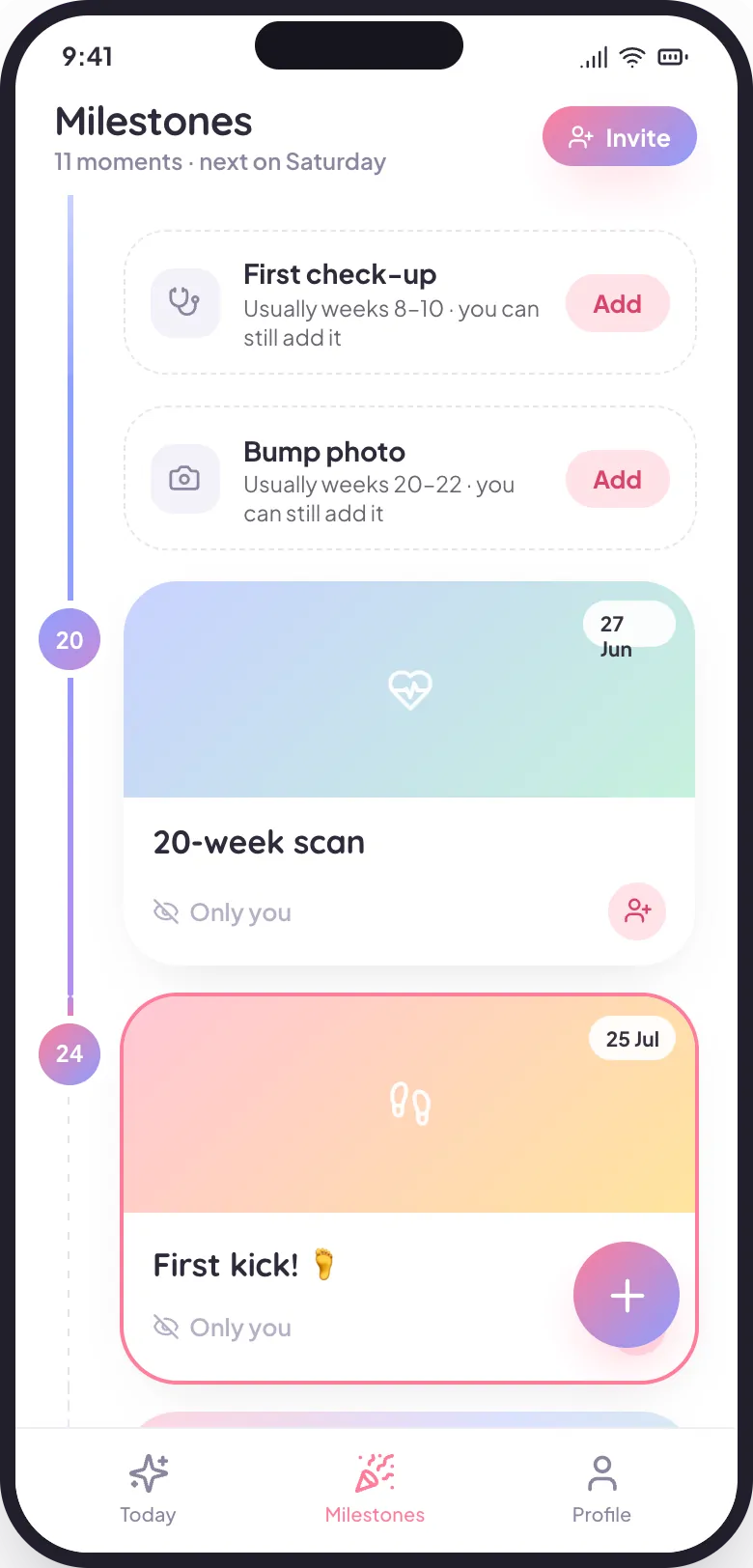 The BabyCheers Milestones timeline: a vertical week axis with cards for the 20-week scan and the first kick, and dashed suggestion cards above them.
