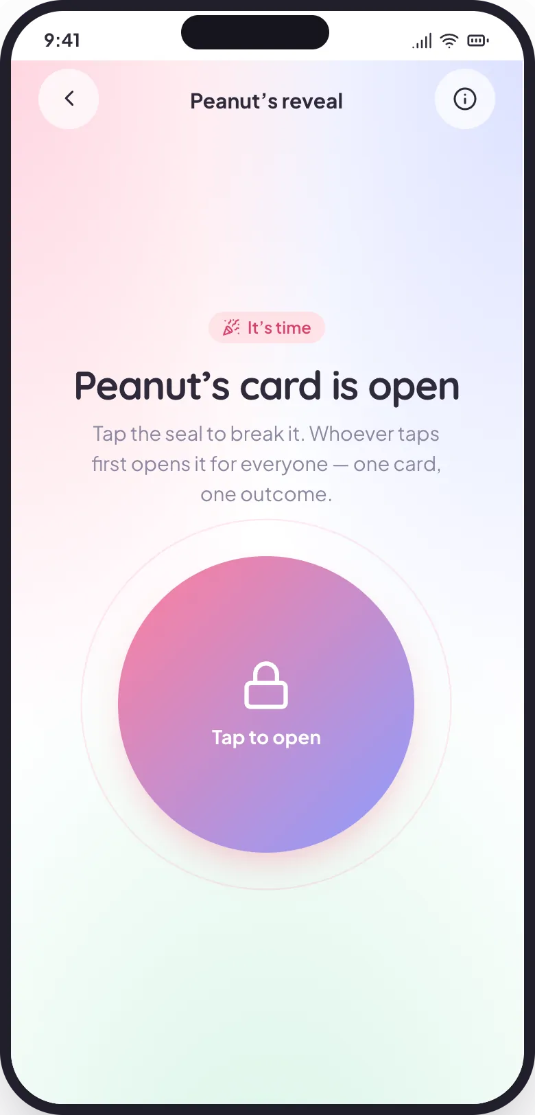 A sealed BabyCheers reveal card reading “Peanut's card is open — tap the seal to break it”, with a large gradient lock button.