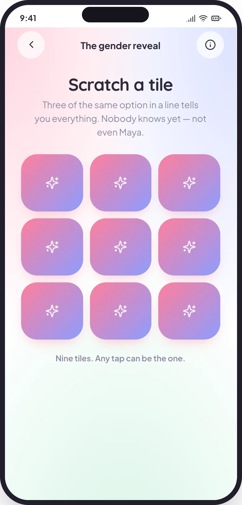 The scratch-a-tile reveal challenge: a three-by-three grid of gradient tiles waiting to be scratched.